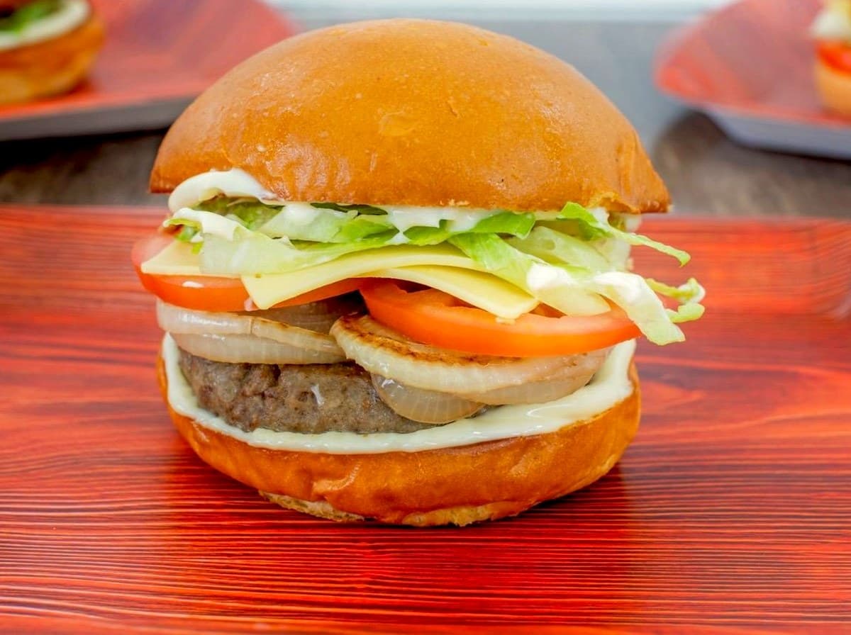 A classic beef burger made fresh at Friend Hub