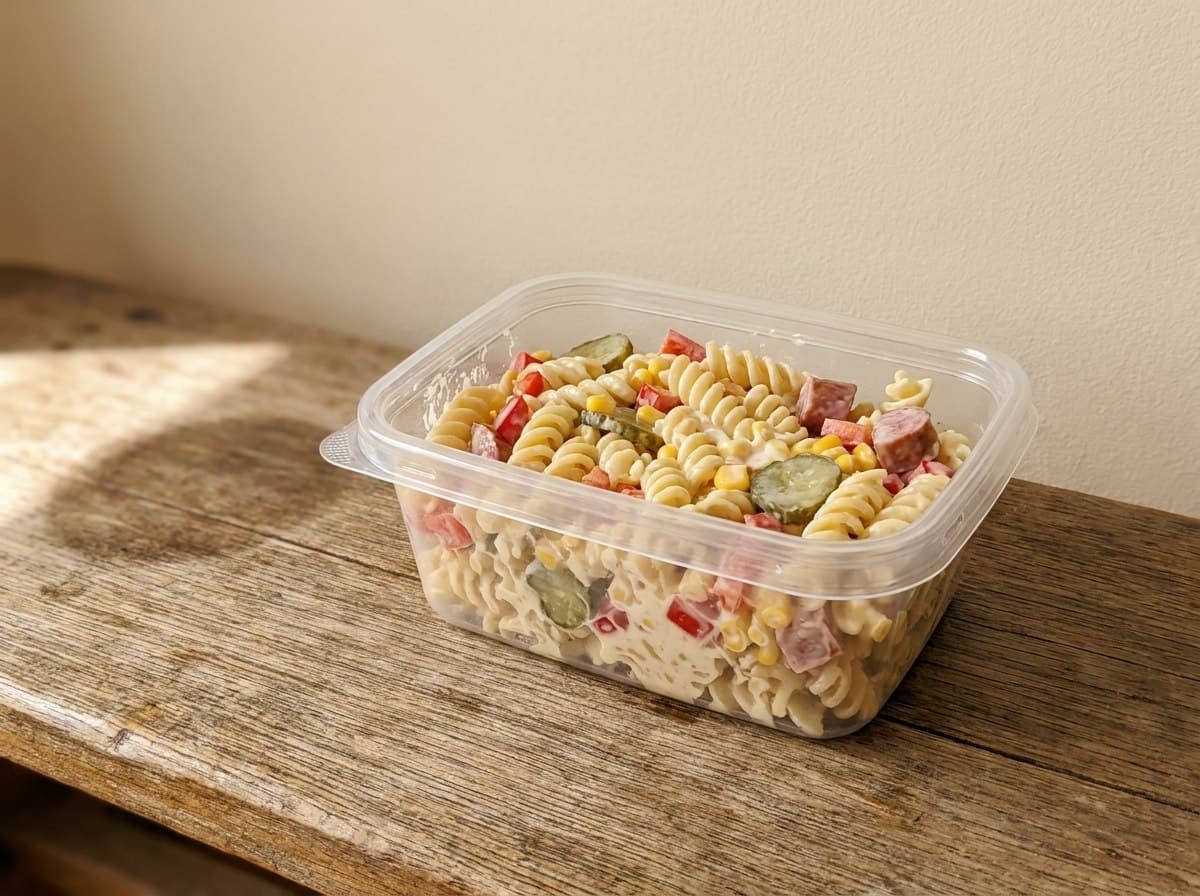 The Friend Hub salad with pasta, capsicum, corn and pickles