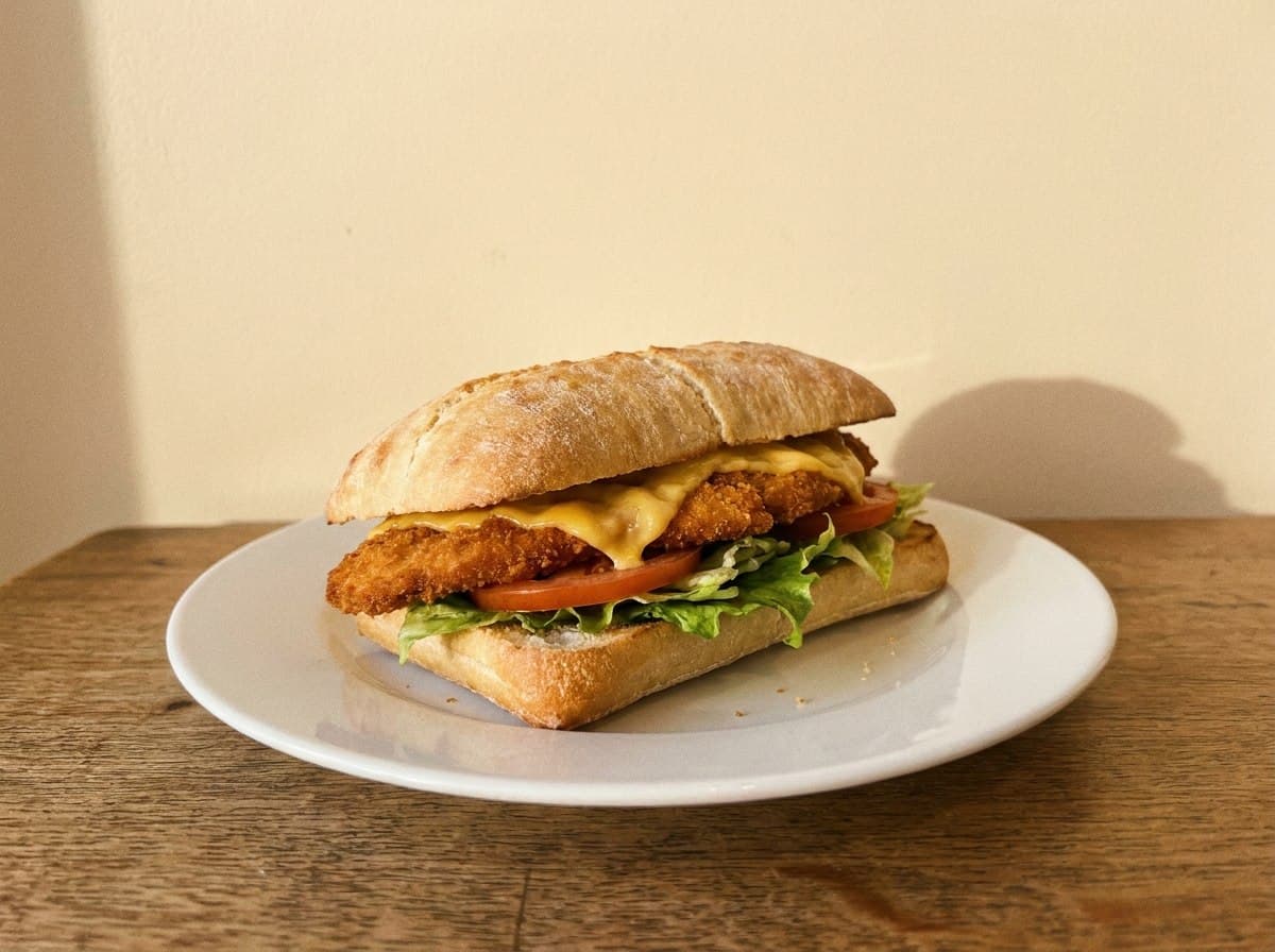 A chicken schnitzel sandwich on ciabatta from Friend Hub