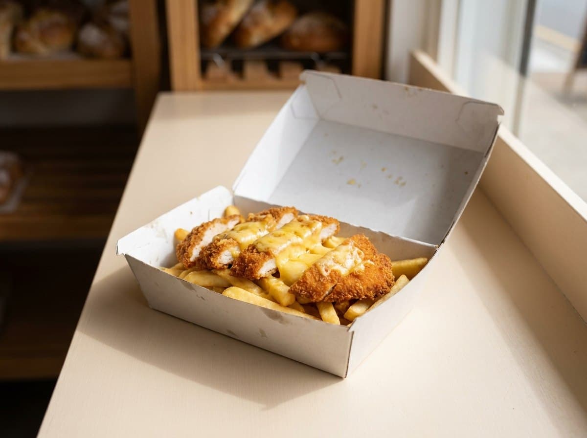 A chicken snack pack with French fries, cheese and schnitzel pieces